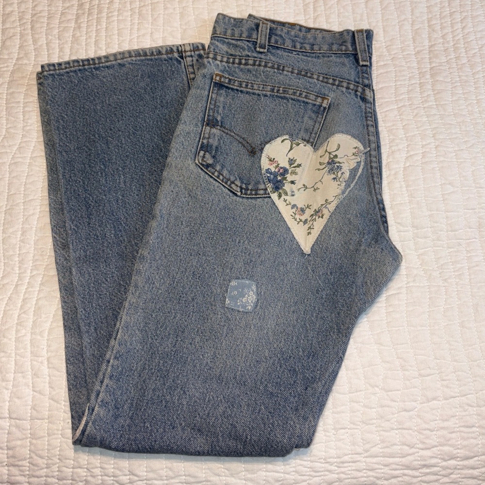 Levi's Vintage Orange Tab Blue Jeans with Floral Heart Patches - Picture 6 of 10